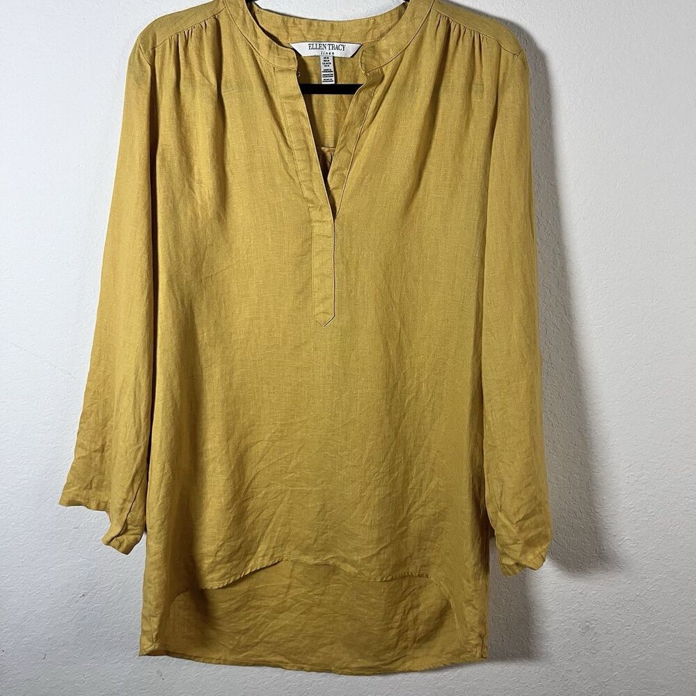 Ellen Tracy Linen Lightweight Spring Tunic Top Roll Tab Sleeve Women Size Medium